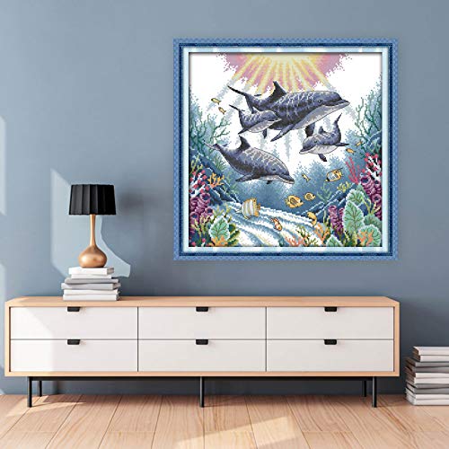 Cross Stitch Stamped Kits Pre-Printed Cross-Stitching Starter Patterns for Beginner Kids or Adults, Embroidery Needlepoint Kits (Dolphin 17.7×17.7 inch) - color: Dolphin, 17.7×17.7 inch