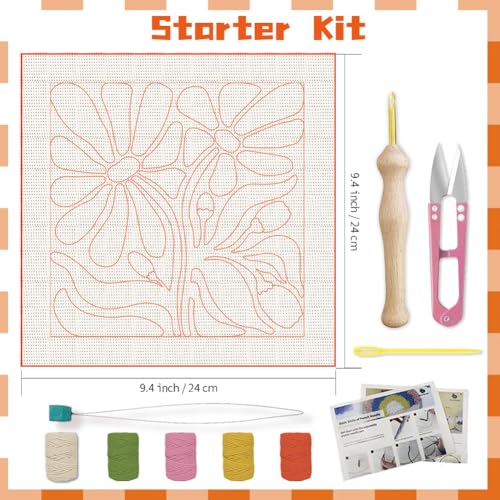 BEUNITONE Flower Beginners Punch Needle kit Handcraft Embroidery Starter Kits for Adults Punch Stitching Kit with Instruction, Threader, Needle and Square Punch Needle Frame for Wall Decor 9.4''x9.4'' - color: 01-Abstract Flowers