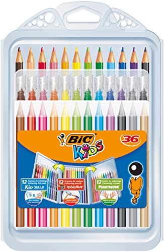 BIC Kids Colouring Kit for Children - 8 Felt-Tip Pens / 8 Coloured Pencils / 12 Chalks/Plastic Case of 36