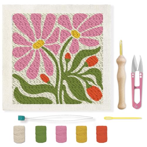 BEUNITONE Flower Beginners Punch Needle kit Handcraft Embroidery Starter Kits for Adults Punch Stitching Kit with Instruction, Threader, Needle and Square Punch Needle Frame for Wall Decor 9.4''x9.4'' - color: 01-Abstract Flowers
