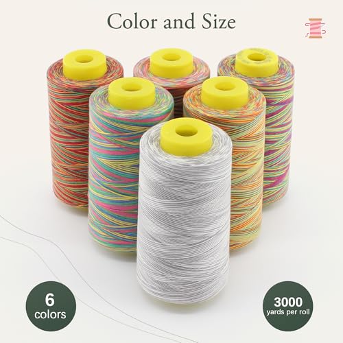 6 Cones Rainbow Variegated Polyester Serger Sewing Thread, 40S/2