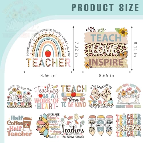 Dazoratix Teacher Iron on Transfers - 12 Sheets Teachers' Day DTF Heat Transfer Ready to Press Decals Patches Appliques Stickers Gift for Clothing T Shirts Clothes Hoodies Hat DIY Craft Decorations - style: Teacher-Leopard