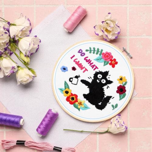 Rivvlive 4 Sets Cat Embroidery Kit with Hoop, Needlepoint Crafts Set - style: Cat