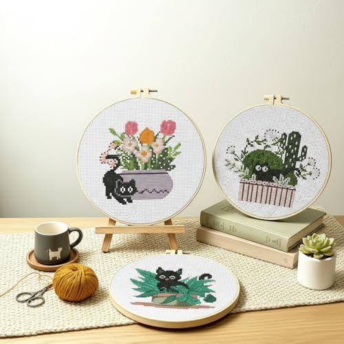 TCDZMYGS 3 Pack Stamped Cross Stitch Kits for Beginners-Plant Cat,with Hoop - color: Cat-1