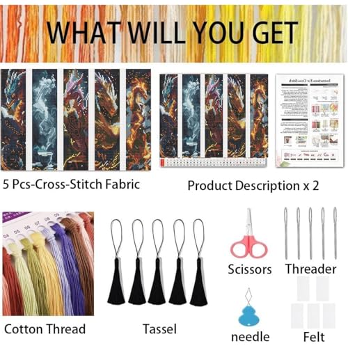 niurenmaoyi 5 Pack Dragon Bookmark Stamped Cross Stitch Kits for Beginner - color: Cross Stitch Kits0512-03