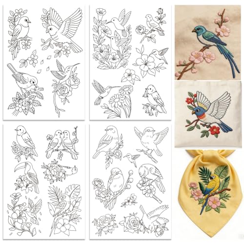 ORIGACH 4 Sheets A4 Large Water Soluble Embroidery Patterns with Flowers and Birds, Stick and Stitch Embroidery Papers with Natural Designs, Wash Away Printable for Hand Sewing Lovers - color: Flowers & Birds