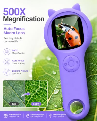 Ashfly Kids Microscope, 500X Digital Magnifying Glass, STEM Toy, Purple - color: Purple, size: 1 Pcs