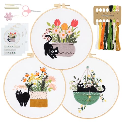 Embroidery Kit for Beginners, Adult Stamped Kits with Cat Floral Patterns