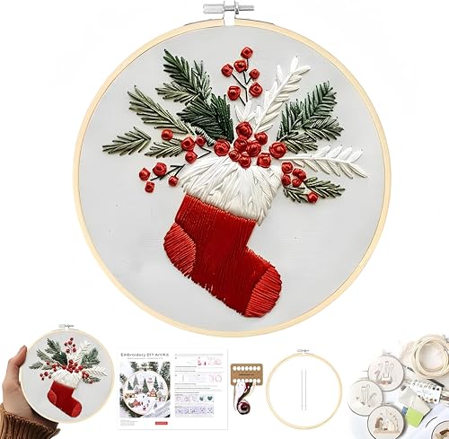 Christmas Embroidery Kit DIY Hand Embroidery Starter Cross Stitch Kits, Christmas Ornaments Embroidery with Stamped Pattern,Cotton,Threads,Needles,Instructions for Adults Beginners (Stocking) - color: Stocking