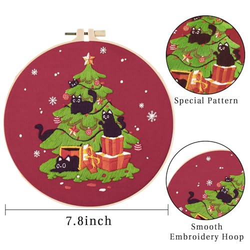 LB Christmas Embroidery Kit for Beginners Adults, 3 Sets Hand Embroidery Starter Kit with Black Cat Pattern and Instructions Stamped Cross Stitch Kits Include Embroidery Hoop Needles Threads Scissors - color: Red Black