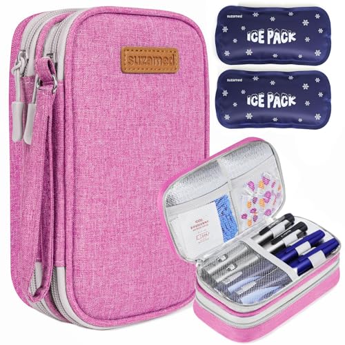 suzamed Double Layer Insulin Cooler Travel Case, Expandable Space, Pink - color: Pink