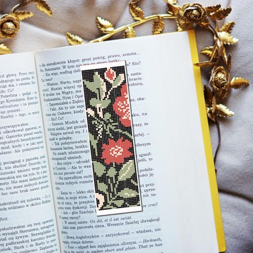 FREEBLOSS 6 Set Cross Stitch Bookmark Kits 8"x2.4" Red Flowers on Black - style: Flat style