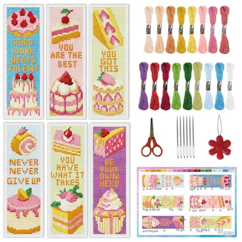 INFUNLY 6PCS Fruit Cake Cross Stitch Bookmark Kit for Adult 3×8.5inch DIY Inspirational Word Embroidery Bookmark Set with Instruction Birthday Cake Counted Cross Stitch Kit for Student Book Lover - style: Fruit Cake
