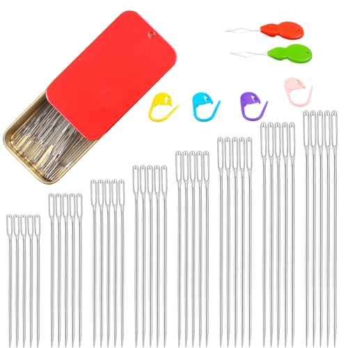 40/80PCS Large Eye Sewing Needles, 8 Sizes Hand Sewing Sharp Needles, Embroidery Needle, Leather Needle,Stainless Steel Yarn Needles with Threaders & Stitch Markers (Red 80pcs) - color: Red 80pcs