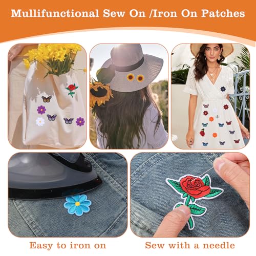 72 Pcs Flower Iron on Patches Colorful Butterfly Embroidered Iron On Patches for Clothing Sewing Patch Cute Daisy Flower Bee Applique Patch for Clothing Jackets Jeans Pants Hats Backpacks