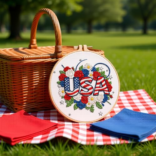 Embroidery Kit for Beginners & Adults Starter Kit, Cross Stitch Kits,DIY Hand Embroidery Needlepoint Set with Hoop, Pre-Printed Fabric, Threads and Instructions (USA) - color: USA