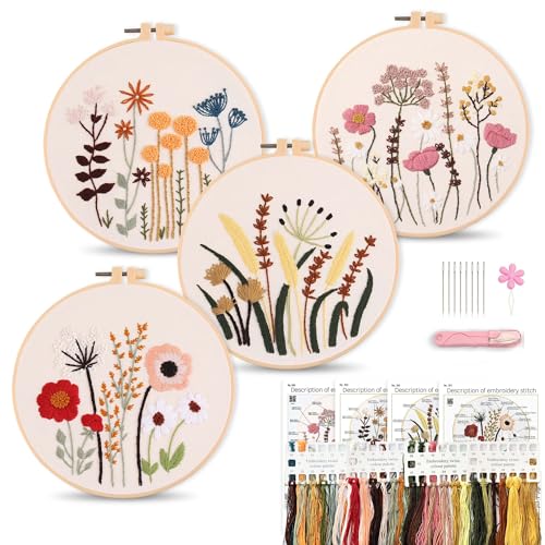 Harimau Adult Beginner Embroidery Starter Kit, Complete Set with 4 Patterns, 2 Hoops, Needles, Scissors, Instruction Guide & Stitching Video Tutorials - color: Floral4 pattern