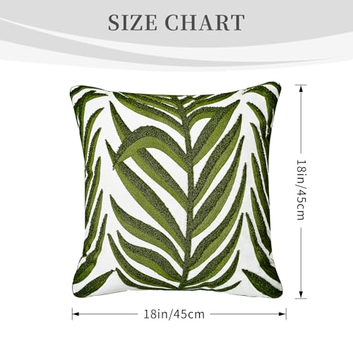 Tropical Leaf Plants Green and Grass Green Leaves Embroidered Throw Pillow Cover, Floral Decor Plant Cushion Covers for Farmhouse Couch Living Room Sofa Bedroom Chair Office Shop 18 x 18 Inches - color: Green and Grass Green