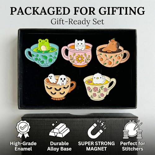 5pcs Cute Enamel Needle Minder Set, Cartoon Teacup - size: 5pcs Teacup