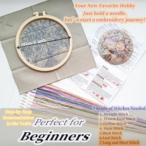 FONNUY Bouquet Flowers Embroidery Kit for Beginners, Pre-Stamped Pattern Kits for Adults with Hoop, Easy to Follow Color Thread Needlework, 8'' Hoop (Timeless Elegance) - style: Timeless Elegance
