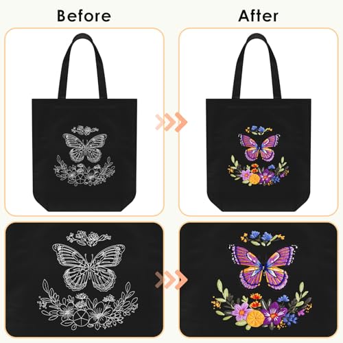 ERKOON Canvas Tote Bag Embroidery Kit for Beginners, Needlepoint Arts Crafts Cross Stitch Kits for Adults Including Stamped Embroidery Bag with Hoops, Needle, Instruction and Color Threads (Butterfly) - color: Butterfly-Black