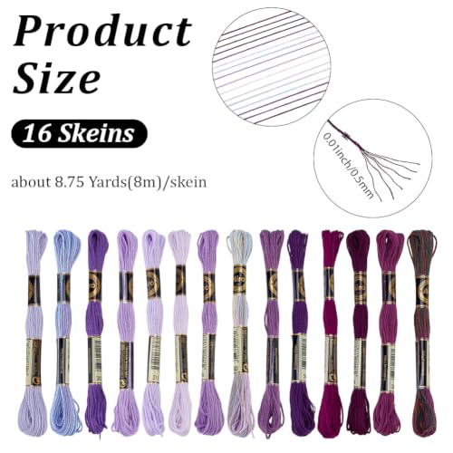 16 Skeins 140 Yards Gradient Purple Embroidery Floss 6 Ply Cross Stitch Threads Polyester Embroidery Thread for Sewing Making DIY Birthday Wedding Stitching Art Creation - color: Purple
