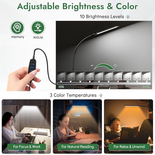 Clamp Lamp for Desk, Eye-Caring LED Clip Light for Home Office - color: Black