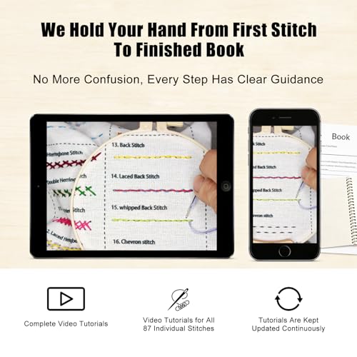 Embroidery Kit for Beginners, 87 Stitches Easy to Advanced, Step by Step Video Guides, DIY Embroidery Stitch Book, All in One Tool Set, Suitable for novices and Craft Enthusiasts