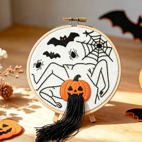 Halloween Embroidery Kits for Beginners Adults, Spooky Spider Bat Embroidery Kits, Stamped Cross Stitch Kits Needlepoint Kits for Adults Woman Halloween Gifts, Embroidery Hoop, Thread, Video Tutorial - color: H2076