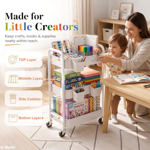 3 Tier Rolling Cart Metal with Wheels, White Three Tiered Carts on Wheels - color: Light White, size: 3 Tier + Cups + Hooks