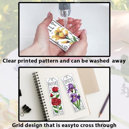 ACRNIGHEET 6PCS Cross Stitch Bookmark Kits for Beginner Flower Crossstitch Kits Adult Rose Daisy Lily Stamped Embroidery Bookmarks with Accessories for Adults Craft Gift 11CT - style: Floral patterns 2