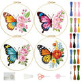 FREEBLOSS 4 Sets Embroidery Kit for Beginners Needlepoint Flower Butterfly Stamped Embroidery Starter Kit with Instructions, Needles, Threads, 2 Hoops 11.6"/29.5CM - style: Butterfly Flower