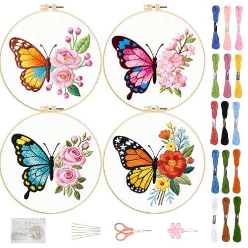 FREEBLOSS 4 Sets Embroidery Kit for Beginners Needlepoint Flower Butterfly Stamped Embroidery Starter Kit with Instructions, Needles, Threads, 2 Hoops 11.6"/29.5CM - style: Butterfly Flower