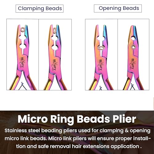 Beauty & Crafts Micro Links Hair Extensions Kit- Stainless Steel Beads Closer and Remover plier, Hair Extensions Loop Needle Pulling Hook, Bead Tool for Hair or Feather Extensions with Leather Pouch - color: Rainbow