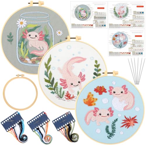 Mindsoft 3 Set Needlepoint Kit for Beginners with Hoop,Axolotl - style: Axolotl