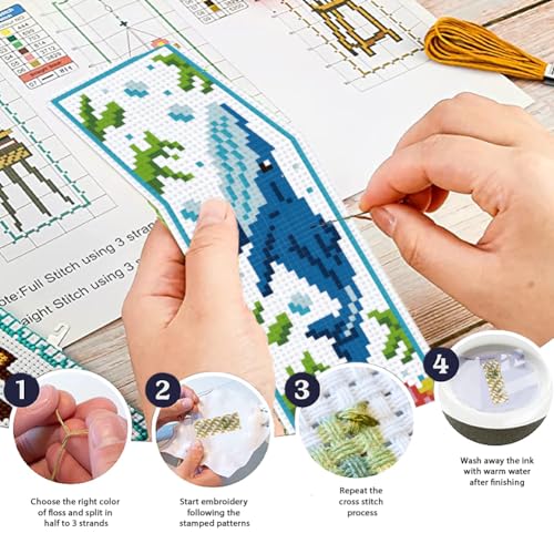 ORIGACH 6 Set Marine Animals Cross Stitch Bookmark Kit for Beginner with Backing Felt Floss Instructions DIY Stamped Embroidery Bookmark Kit for Adults, Book Lovers - style: Marine Animals