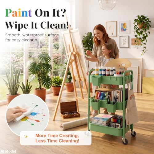 3 Tier Rolling Storage Cart Metal with Wheels,Sage Green Diaper Caddy Carts - color: Sage Green, size: 3 Tier + Cups + Hooks