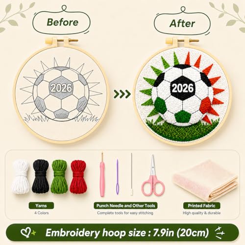 ZMYORAH Punch Needle Kit for Beginners Adults, Soccer Ball Embroidery Punch Needle Starter Craft Kits, 2026 DIY Football Sport Punch Stitch Kit Sports Theme Kit for Home Decor & Craft Gift 20x20cm
