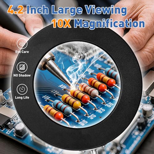 HITTI 10X Magnifying Glass with Light, 1,800 Lumens Stepless Dimmable - color: Black, size: 10X 9.06 INCH Base & Clamp