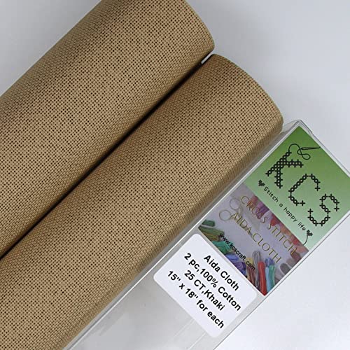 KCS 2 pc of 15" x 18" Counted Cross Stitch Cotton Aida Cloth Needlework Fabric (Khaki, 25CT) - color: Khaki, size: 25CT