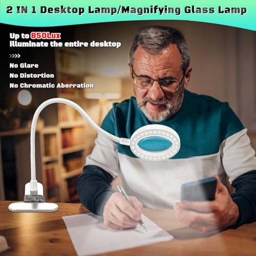 10X Magnifying Glass with Light and Stand,Hands Free Clip on Magnifier Lamp - color: White
