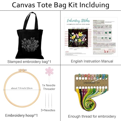 Nuberlic Embroidery Tote Bag Kit for Beginners with Floral Pattern - color: Floral