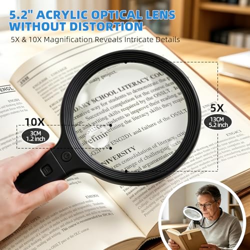 Dilzekui 5X&10X Neck Handheld 2-in-1 Magnifying Glass for Reading w/Light - color: Black
