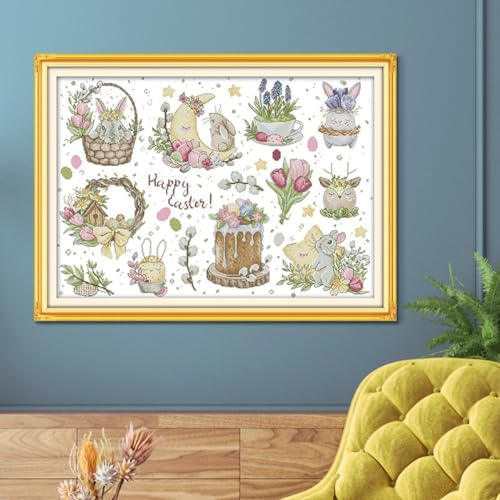 Rosyfoxes Cross Stitch Kits Stamped Full Range of Embroidery Starter Kits for Beginners DIY 14CT 2 Strands - Printed kit Easter Bunny (Printed) 22.8x16.9 inches - color: Easter bunny(printed)22.8x16.9inches