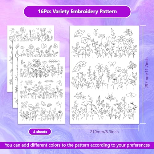 ORIGACH 4 Sheets 12 Pcs Water Soluble Embroidery Patterns Stabilizers - Pre-Printed Wildflowers & Flowering Shrubs Designs - Stick & Stitch Embroidery Paper for Hand Sewing Lovers - color: Wildflowers & Flowering Shrubs