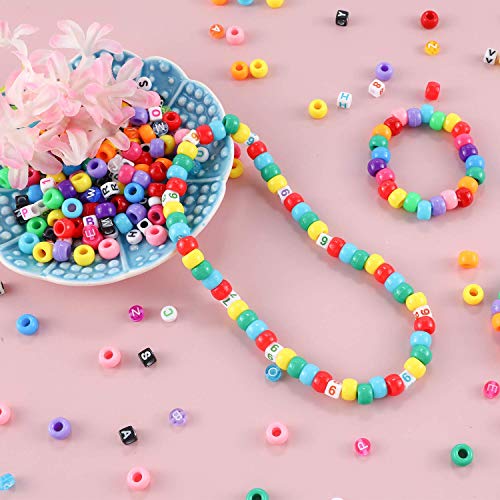 1720+pcs Pony Beads Kit 1830pcs 6 Style Letter Alphabet Beads Rainbow Plastic Pony Bead Bulk Multicolor Kandi Bead Elastic String DIY Crafts Jewelry Making Kit for Bracelets Necklaces - color: Solid Pony Beads with Letter
