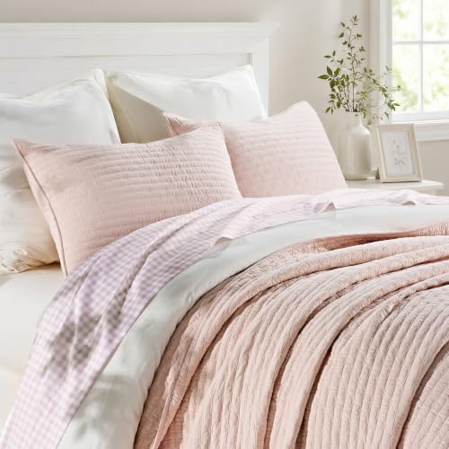 EVERGRACE 100% Cotton Cross Stitch 3-Piece Quilt Set, Queen, Ballet Pink - color: Ballet Pink, size: Full/Queen (92" X 96")