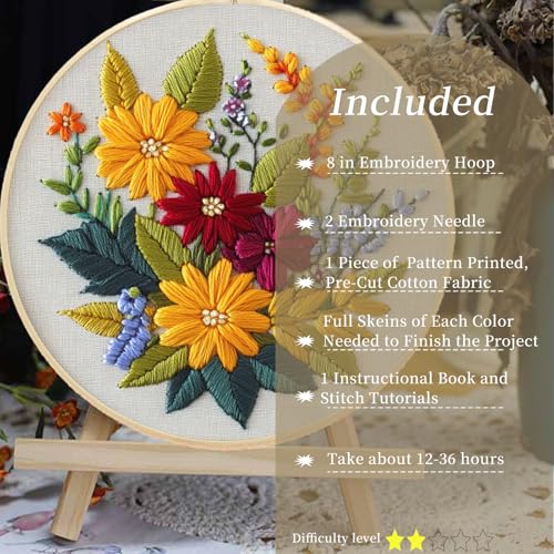 FONNUY Floral Embroidery Kit for Beginners, Colorful Flowers Pre-Stamped Pattern Kits for Adults with Hoop, Thread Needlework, 8'' Hoop (Zinnia) - color: Zinnia