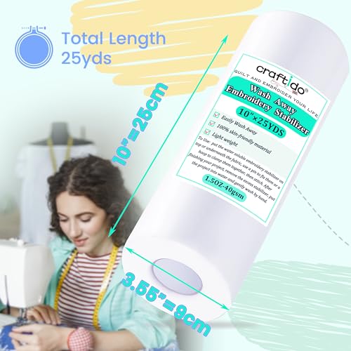 Craftido Wash Away Embroidery Stabilizer Backing -10" x 25 Yd/roll - size: 10"x25yd roll