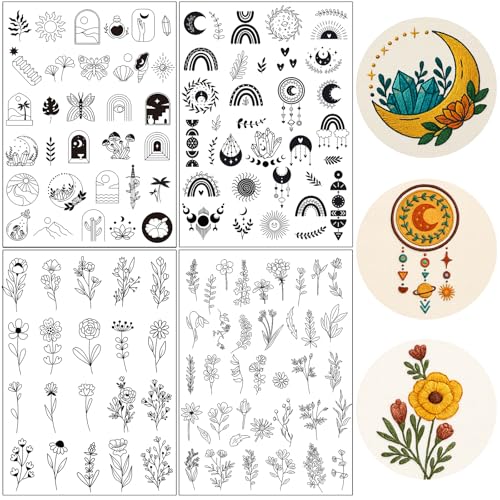 Stick and Stitch Embroidery Patterns Paper, 120 Pcs Floral Water Soluble Embroidery Patterns Wash Away, Pre-Printed Bohemia Mystery Pattern Transfers, Customized Gift for Hand Sewing Lover Beginners - size: Bohemian Mystical